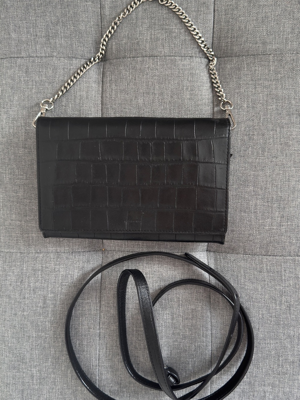 AllSaints Black Croc-Embossed Chain Crossbody Bag